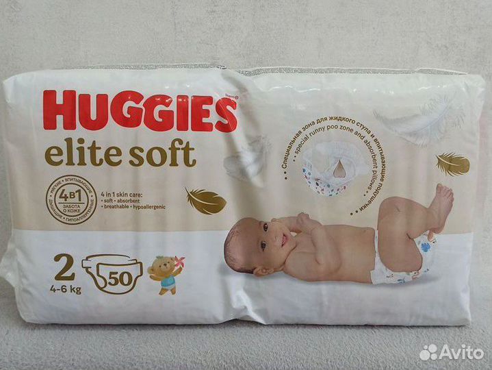 Подгузники huggies elitе soft 2 50 шт 4-6 кг