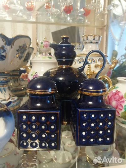 Графин и чайницы cobalt, фарфор, позолота. СССР