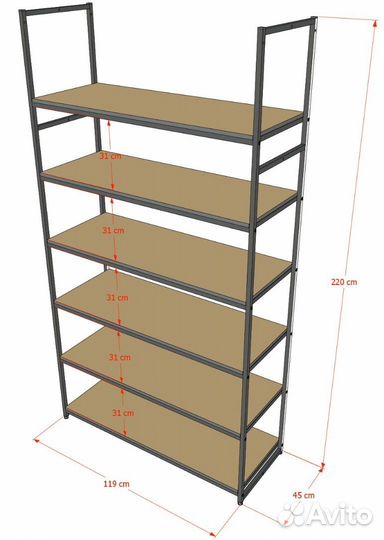 Стеллаж в стиле Лофт A22120-20-чч с полками лдсп