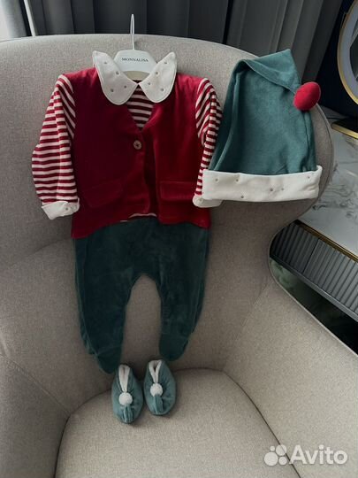 Новогодний костюм эльф Zara 74 шапочка тапочки