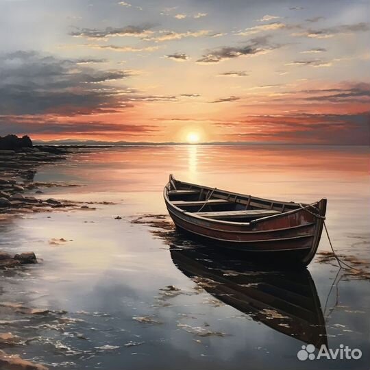 Картина маслом на заказ Лодка на воде под закатом