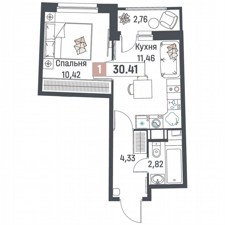 1-к. квартира, 30,4 м², 15/18 эт.