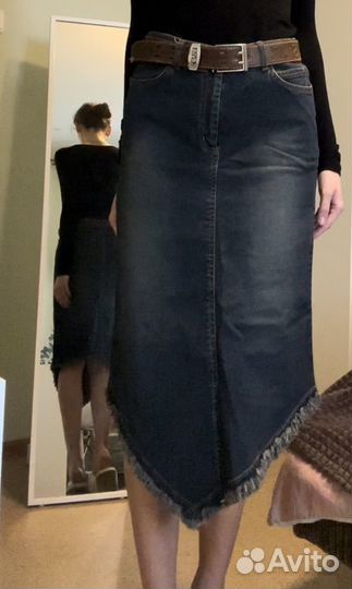 Джинсовая юбка миди с бахромой размер 44