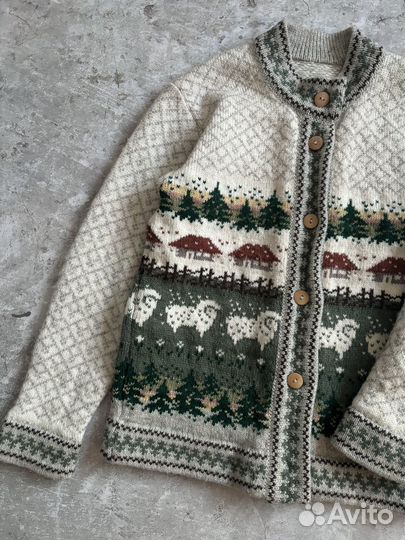 Винтажный вязаный свитер кардиган с принтом