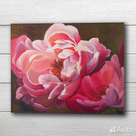 Картина маслом с цветами пионы 40х50см интерьерная