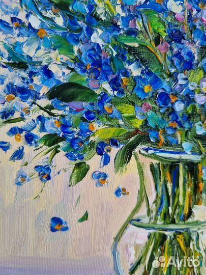 Картина маслом незабудки цветы в вазе миниатюра