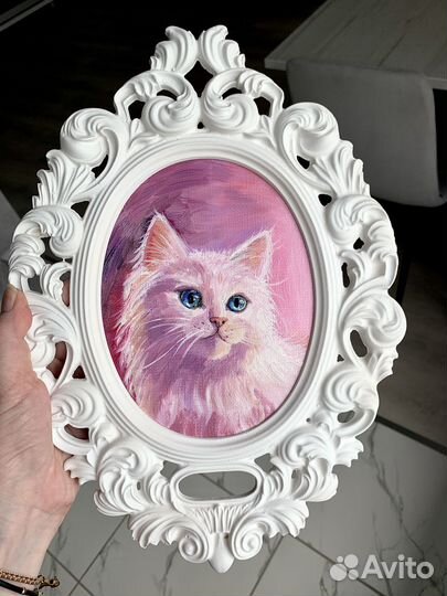 Картина маслом кот, в гипсовой рамке 23х31 см