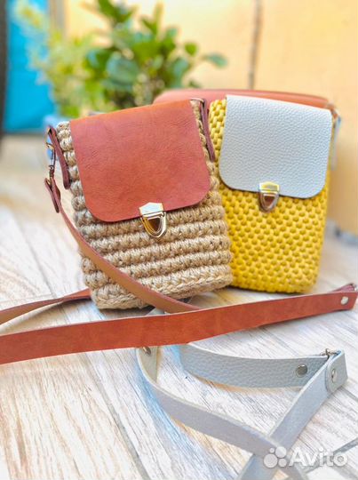 Сумка вязанная из джута, шнура, трикотажной пряжи