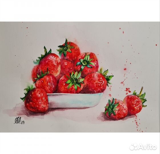 Картина с ягодами клубники, акварель 21 30 см
