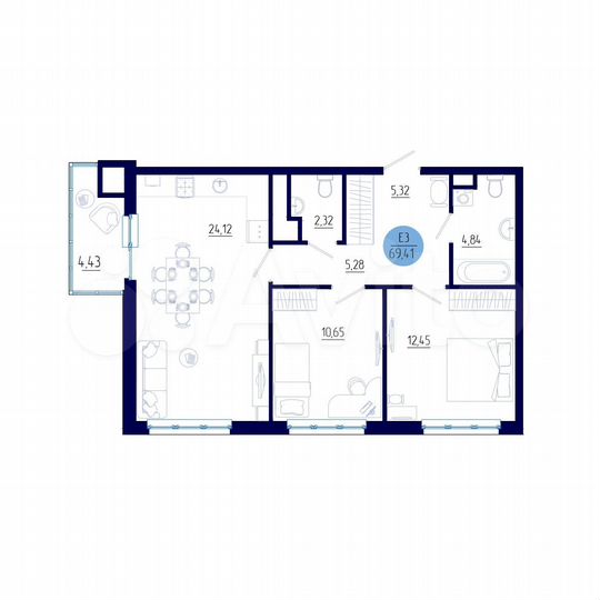 2-к. квартира, 69,4 м², 5/18 эт.