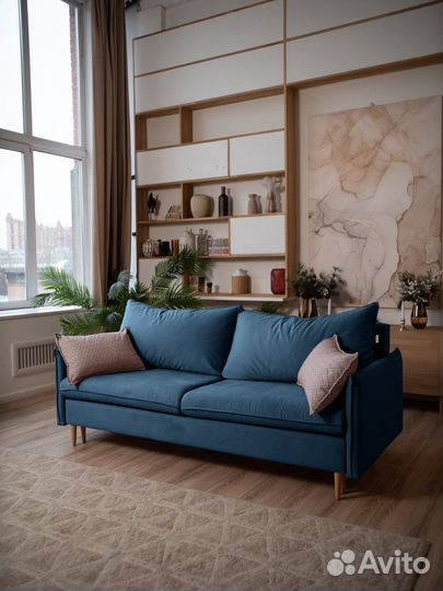 Диван новый тканевый прямой синий Сканди