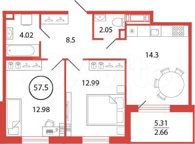 2-к. квартира, 57,5 м², 8/12 эт.