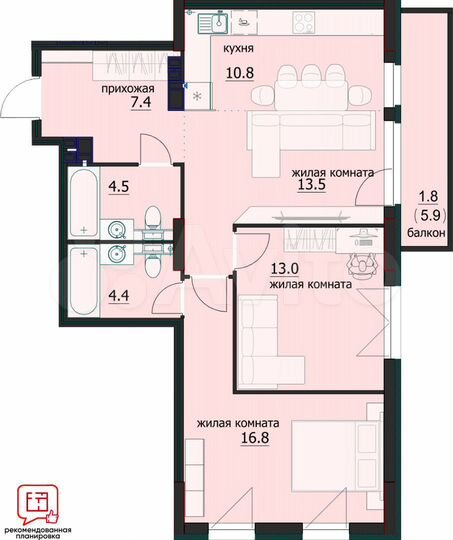 3-к. квартира, 73,2 м², 10/12 эт.