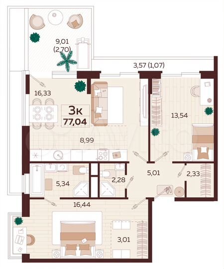 3-к. квартира, 77 м², 3/6 эт.