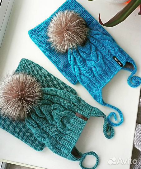 Вязанные детские комплекты шапка+снуд