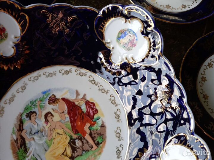 Роскошные блюда,чайные пары,кобальт,Чехия