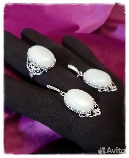 Серьги + кольцо с нефритом