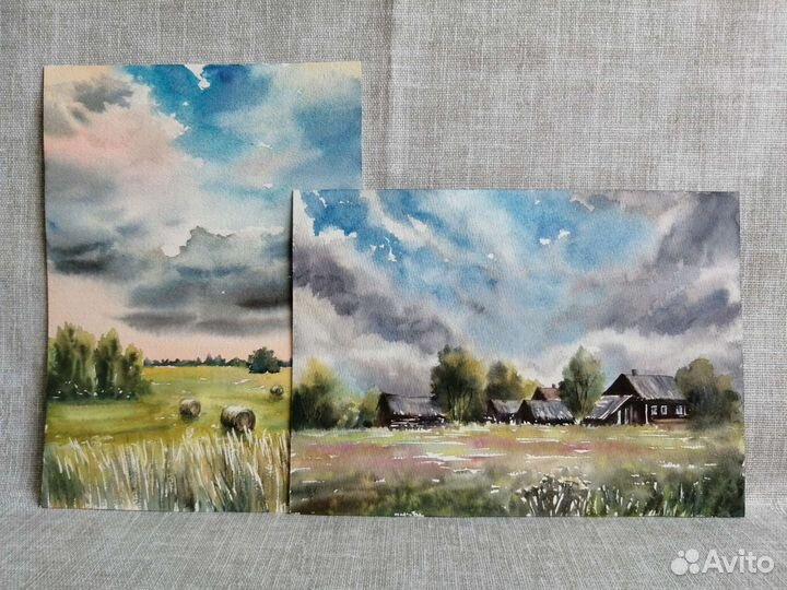 Картина акварелью деревенский пейзаж