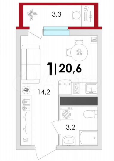Квартира-студия, 20,6 м², 6/18 эт.