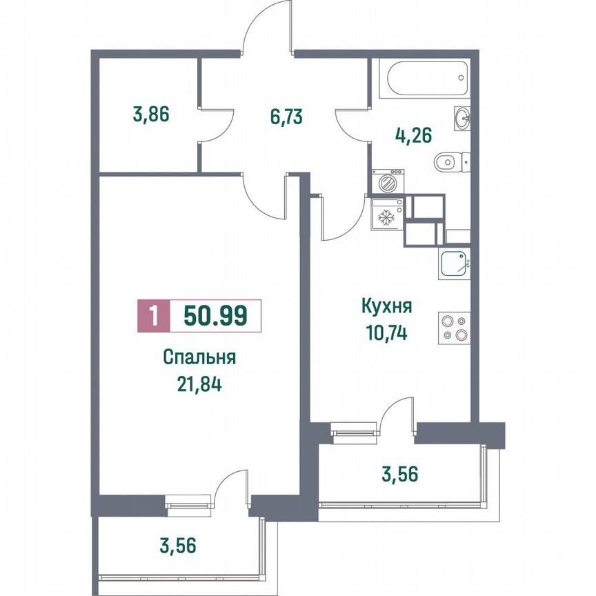 1-к. квартира, 51 м², 8/16 эт.