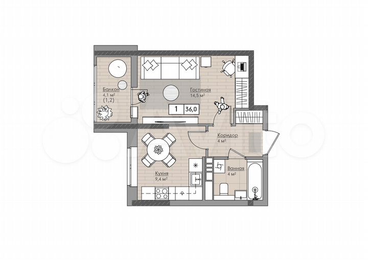 1-к. квартира, 33,1 м², 12/18 эт.