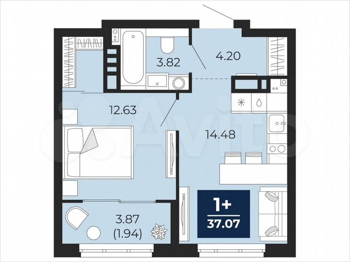 1-к. квартира, 37,1 м², 4/21 эт.