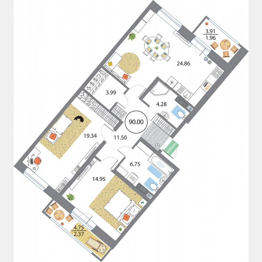 2-к. квартира, 90 м², 6/12 эт.