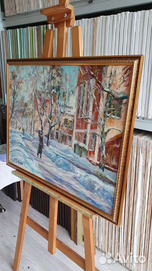 Картина маслом пейзаж зима на холсте 50х65 см