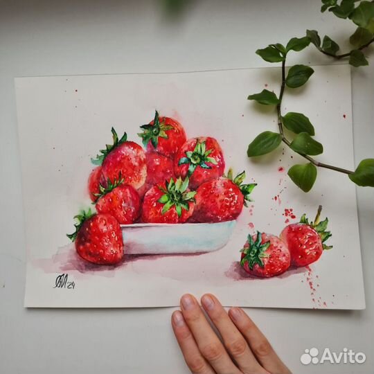 Картина с ягодами клубники, акварель 21 30 см