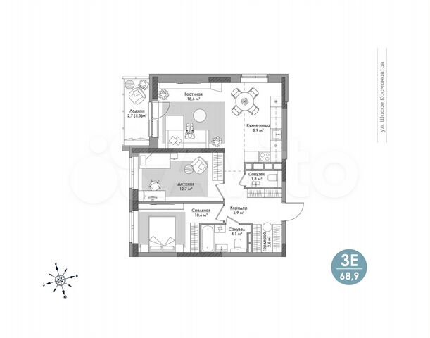 3-к. квартира, 68,9 м², 3/24 эт.