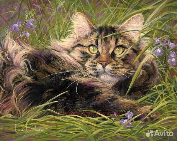 Алмазная мозаика 40x50 Пушистый кот на траве