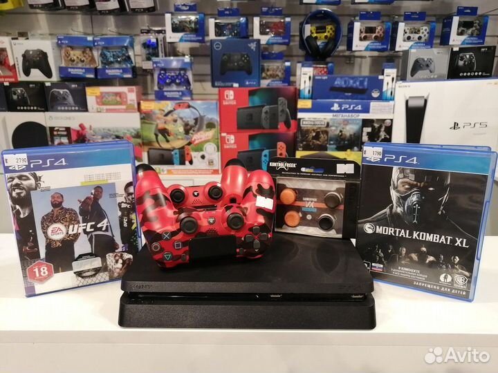 PS4 Slim + 2 джойстика + UFC 4 + Mortal Kombat