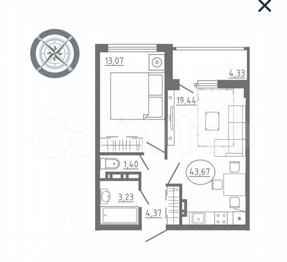 1-к. квартира, 46,3 м², 4/17 эт.