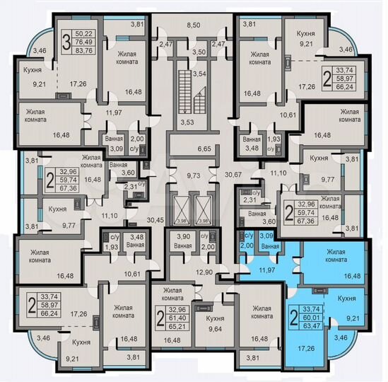 2-к. квартира, 63,5 м², 2/19 эт.