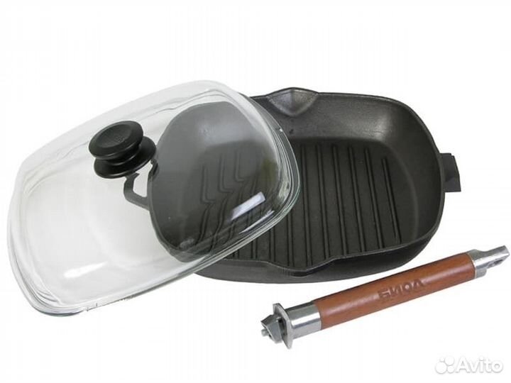 Сковорода-гриль чугунная с стеклянной крышкой 280х