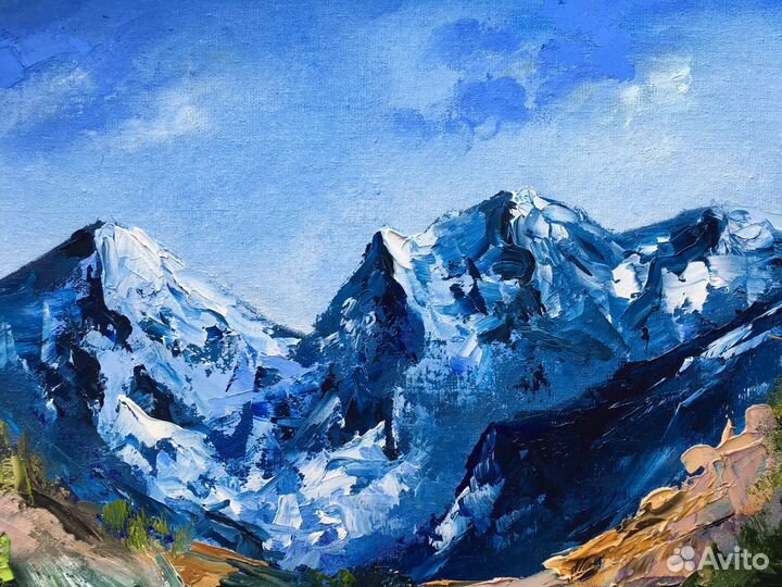 Картина маслом холст горы пейзаж река