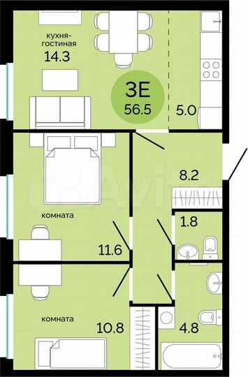 3-к. квартира, 56,5 м², 2/17 эт.
