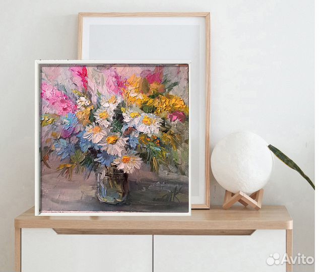 Картина ромашки букет полевые цветы маслом холст