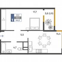 1-к. квартира, 44,2 м², 2/4 эт.