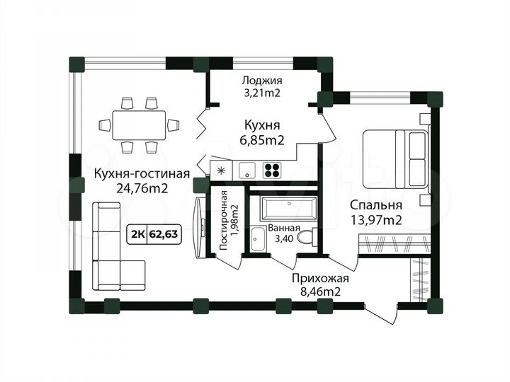 2-к. квартира, 62,6 м², 10/12 эт.