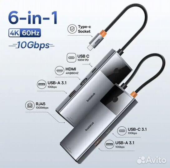 Usb hub Baseus 6 в 1 Multifunctional Type-C