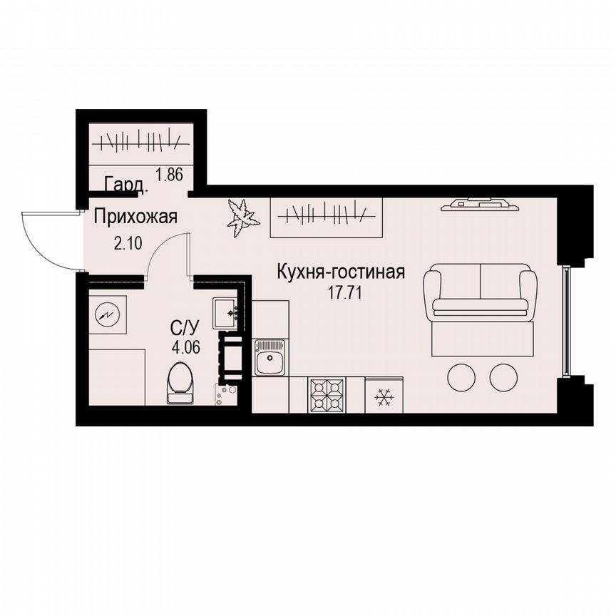 Квартира-студия, 25,7 м², 6/6 эт.