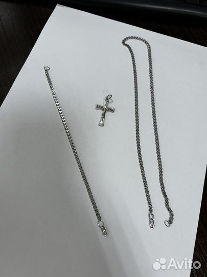 Серебряная цепь, крест, браслет 925 проба