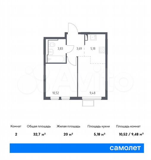 2-к. квартира, 32,7 м², 13/14 эт.