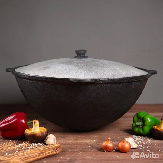 Казан чугунный, 16 л, круглое дно, алюминиевая кры