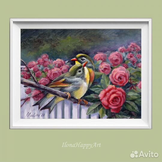 Картина маслом Соловьи и розы 18х24см