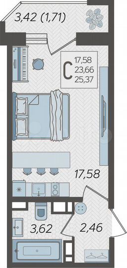 Квартира-студия, 25,4 м², 20/25 эт.