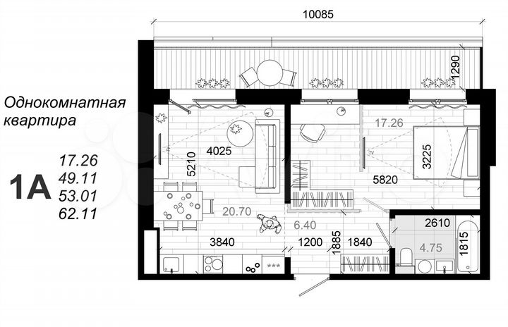 1-к. квартира, 62,1 м², 17/17 эт.