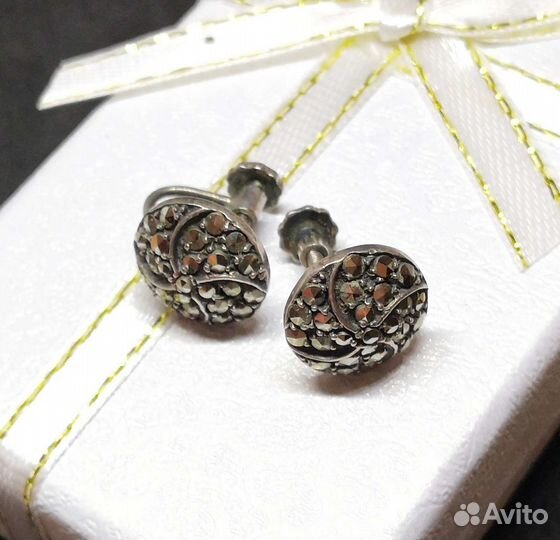 Стильные серьги, марказиты, серебро, Англия, 70е