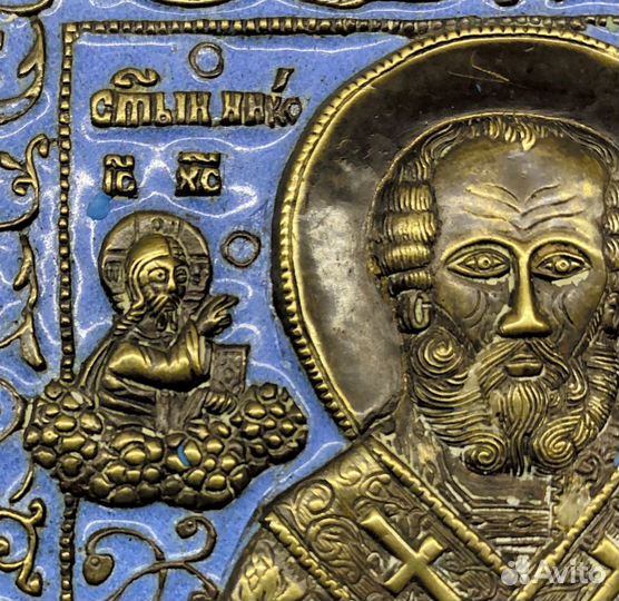 Старинная Икона с эмалями. Николай Чудотворец